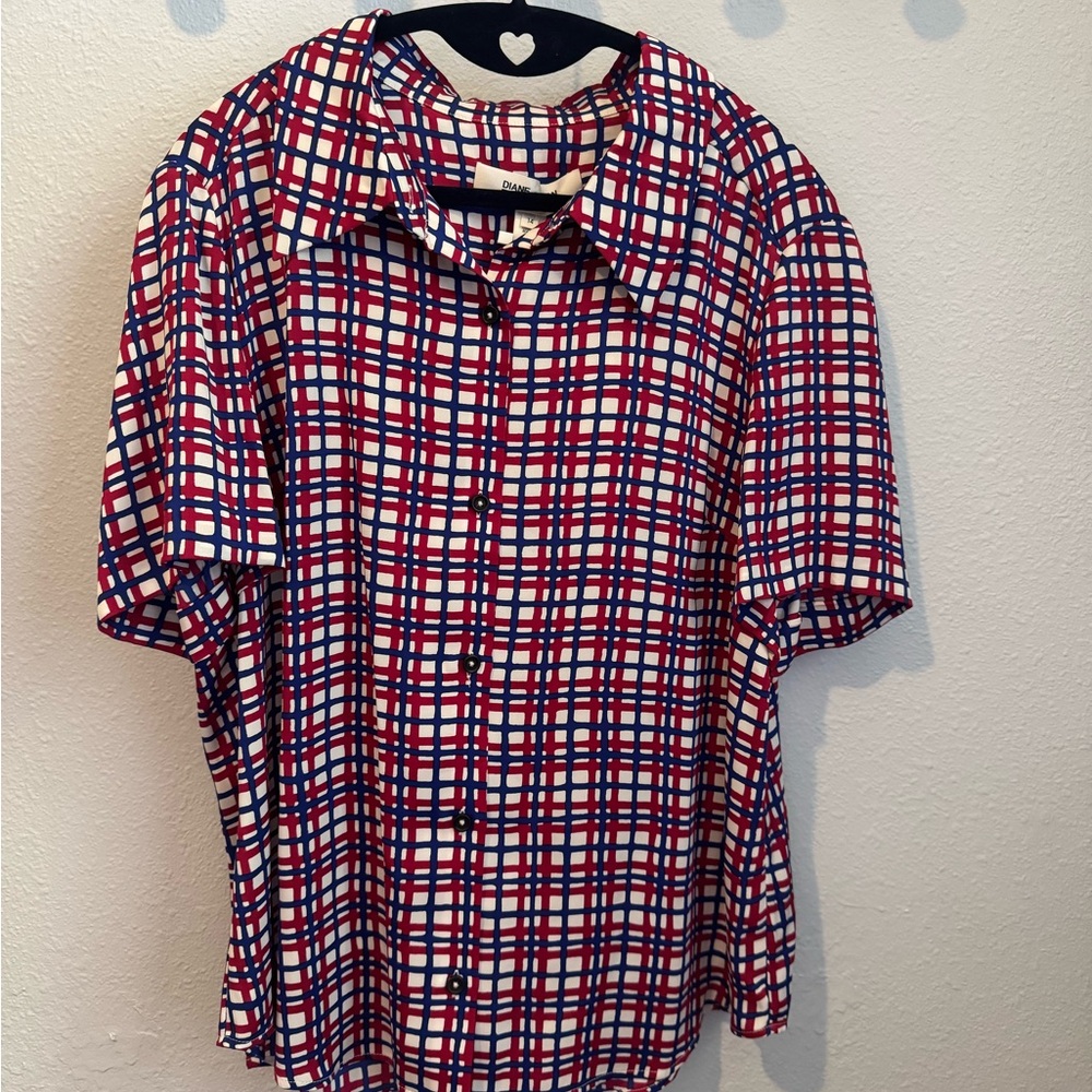 NWT Diane Von Furstenberg Red and Blue Silk Checkered Shirt Sz 14